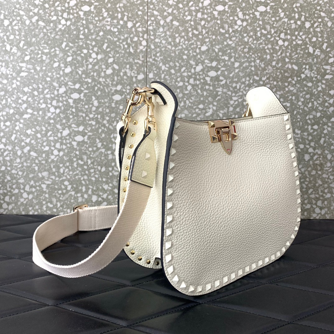 Valentino Garavani Rockstud Hobo Bag in Ivory Grainy Calfskin